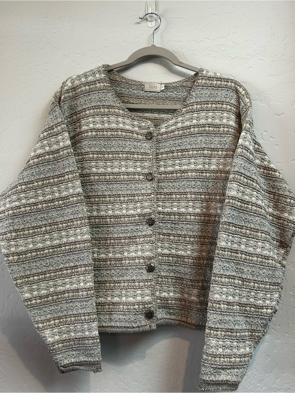 Alps Women's Knit Button Front Cardigan Sweater Gray Neutral Patterned Size M